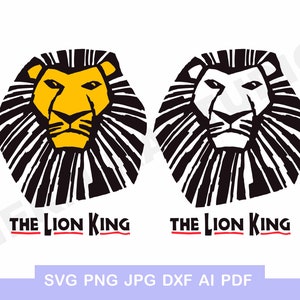 May include: Black and white silhouette of a lion's head with a yellow and white lion's face inside. The text "The Lion King" is below the image in red.