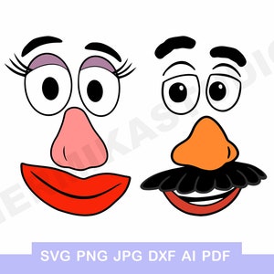 以下が含まれることがあります： 大きな目、鼻、口を持つ、女性と男性の2つの漫画の顔。女性の顔は紫色のアイシャドウと赤い唇をしています。男性の顔は黒い口ひげとオレンジ色の鼻をしています。