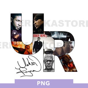 Può includere: Un collage in bianco e nero di immagini con Usher Raymond, con le lettere "UR" in un grande carattere nero. Il collage include immagini degli album di Usher, foto e una firma.