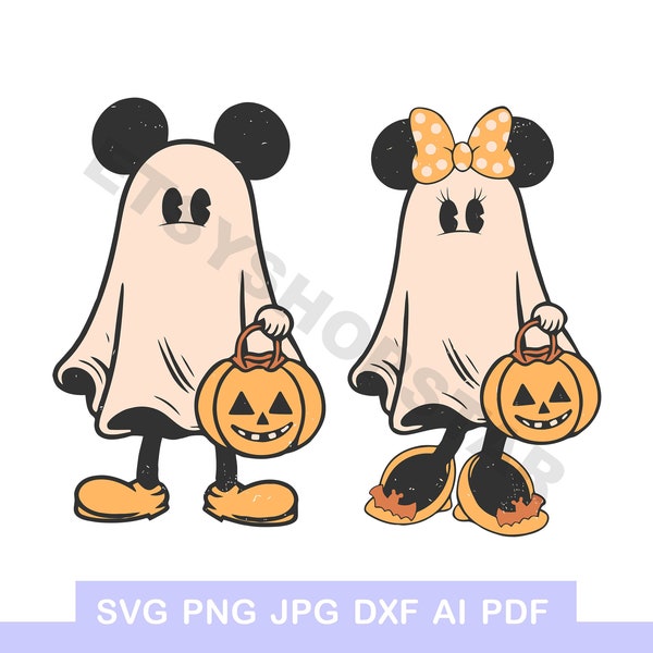 Mickey Minnie Ghost Halloween print vector svg png pdf eps ai dxf retro Mickey Spooky Season Svg Minnie spooky ghost Halloween Pumpkin Svg