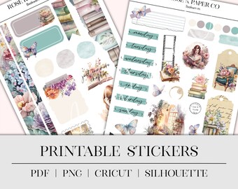 Bookish - Reading Themed Printable Stickers for your planner, hobonichi, dot grid journal, or common planner including cut files