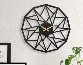 Large wall clock unique, clocks for wall, geometric wall clock, modern wall clock, wanduhr, wall clock minimalist, Livingroom clock, black