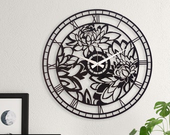 Floral wall clock, large, farmhouse, kitchen wall clock, Country wall clock, Diningroom wall clock, Wanduhr, Decorative, metal wall clock