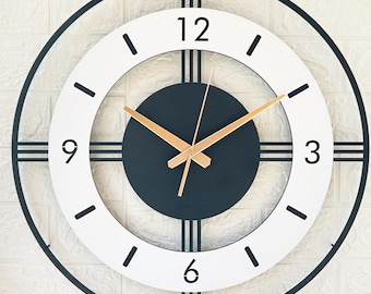 Grande orologio da parete in metallo e legno: orologio moderno silenzioso e di grandi dimensioni, bianco e nero, regalo per la casa