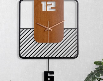 Modern Metal Wall Clock with Wood, Large Square Wall Art, Unique Clock, Minimalist Mid Century Decor, Industrial Geometric Wall Clock