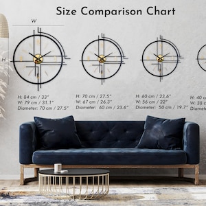 May include: A size comparison chart displays four modern wall clocks with black frames and gold accents. The largest clock is 33 inches high and 31.1 inches wide. The text "Size Comparison Chart" is at the top.
