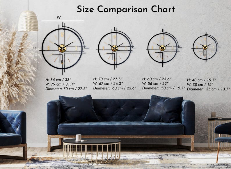 May include: A size comparison chart displays four modern wall clocks with black frames and gold accents. The largest clock is 33 inches high and 31.1 inches wide. The text "Size Comparison Chart" is at the top.