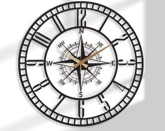 Nautical wall clock, large clocks for wall, compass wall clock, modern wall clock, unique wall clock, wanduhr groß, orologio da parete,