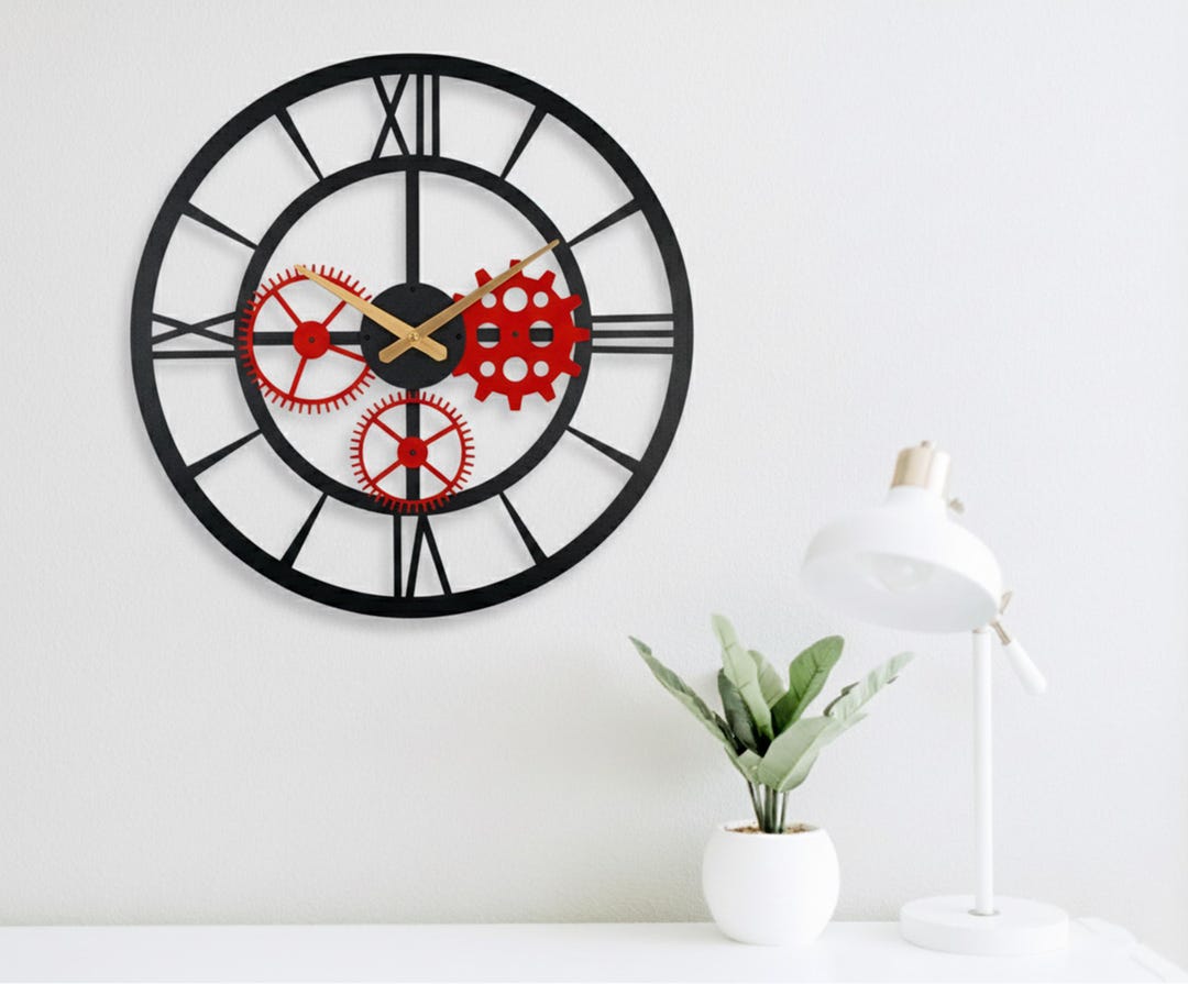 Large Metal Wall Clock With Red Gears, Industrial Skeleton Wall Art ...