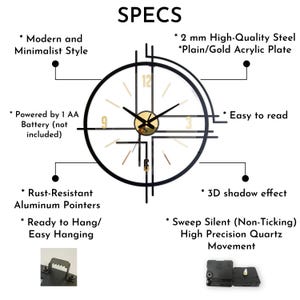 May include: A modern, minimalist wall clock with a black frame and gold accents. The clock features rust-resistant aluminum pointers, a 3D shadow effect, and a sweep silent quartz movement. It requires 1 AA battery and is easy to hang.