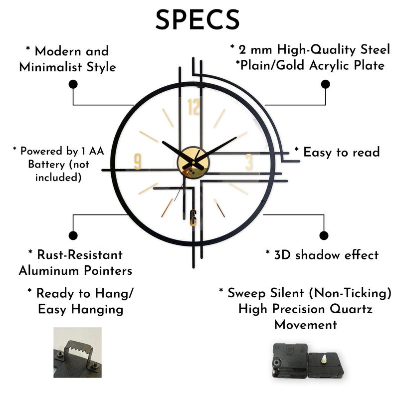 May include: A modern, minimalist wall clock with a black frame and gold accents. The clock features rust-resistant aluminum pointers, a 3D shadow effect, and a sweep silent quartz movement. It requires 1 AA battery and is easy to hang.