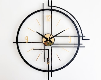 Larg Metal Wall Clock Unique: Modern Minimalist Design, Black and Gold, Home Decor Gift