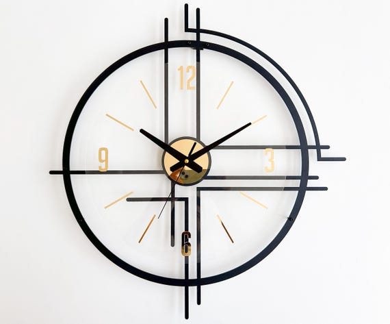 Larg Metal Wall Clock Unique: Modern Minimalist Design, Black and Gold, Home Decor Gift