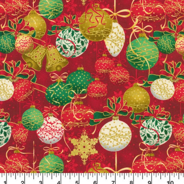 Metallic Ornaments on Red Christmas Cotton Fabric | Cotton Fabric | Christmas Fabric | Holiday Fabric | 100 percent Cotton | Christmas Decor
