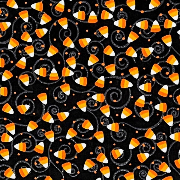 Swirl Candy Corn On Black Halloween Cotton Fabric | Cotton Fabric | Halloween Fabric | Candy Corn Fabric | Halloween Novelty | Sewing Fabric