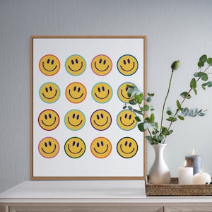 Yellow Smiley Face Wall Art, Trendy Print, Retro Wall Decor, Girly Preppy Happy Face, Digital Download, Colorful Dorm Decor