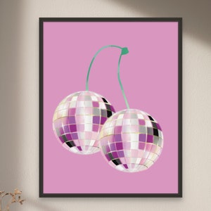 Disco Ball Wall Art, Disco Cherry Poster, Preppy Wall Decor, Retro Digital Download, Girly Print