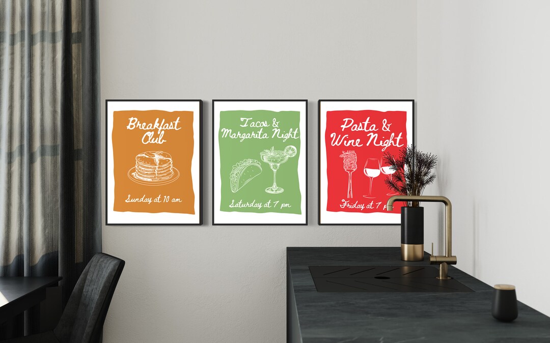 kitchen wall art set of 6 fun foodie prints this... Kitchen Wall Art Set, Trendy Kitchen Decor, Food Posters, Digital ...