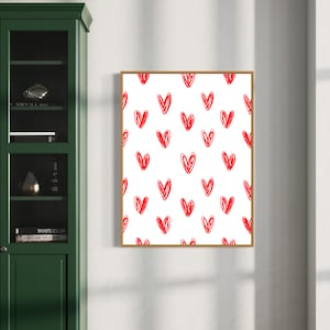 Red Hearts Art Print, Hand Drawn Hearts Poster, Minimalistic Decor, Cute Wall Art, Digital Download