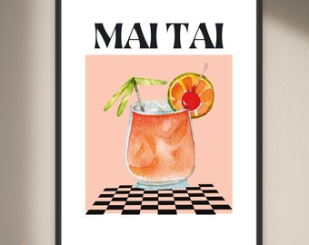 Bar Cart Art Print, Mai Tai Poster, Cocktail Decor, Alcohol Drink Digital Download, Aesthetic Kitchen