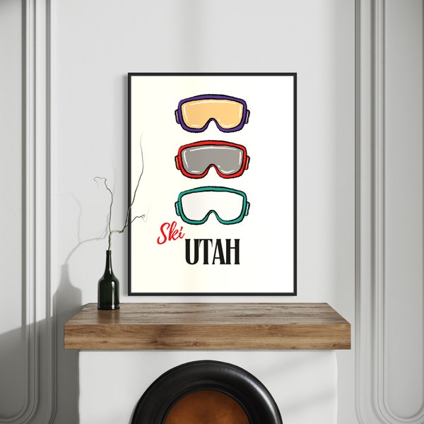 Ski Utah Art Print, Goggles Poster, Wall Art for Skier, Skiing Digital Download