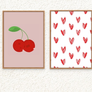 Disco Cherry Art Print Set, Red Heart Poster, Trendy Retro Wall Decor, Y2K Preppy Poster
