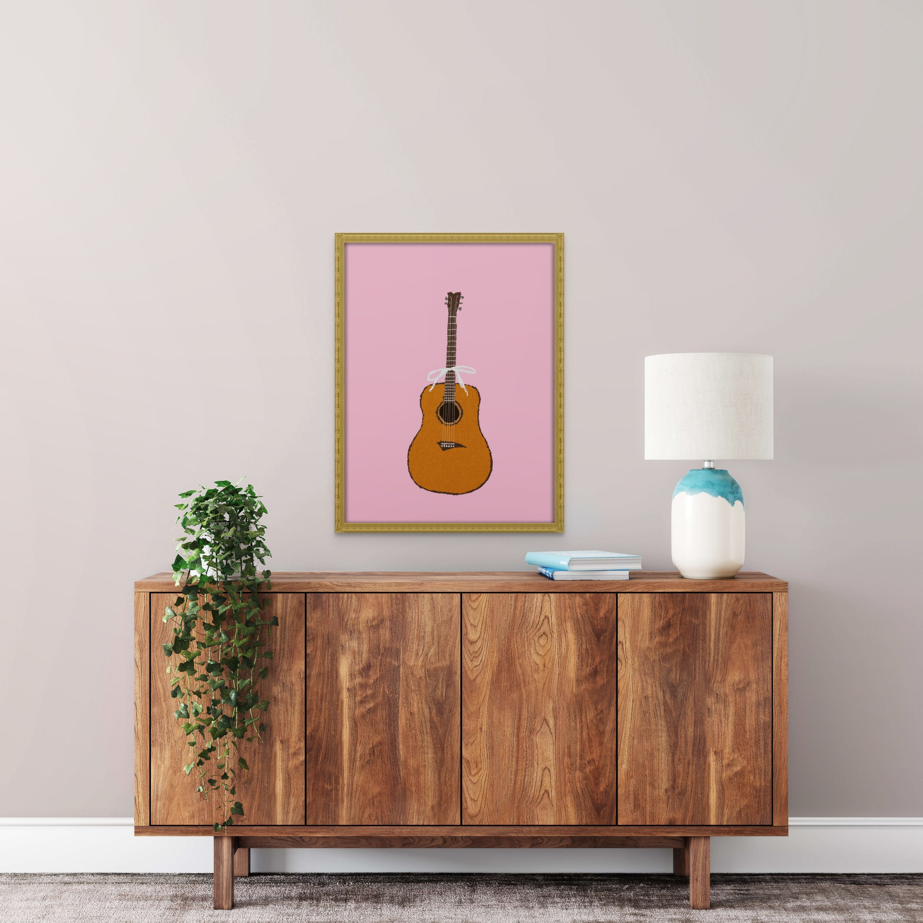 Guitar Art Print, Cute Instrument Poster, Coquette Wall Decor, Guitar ...