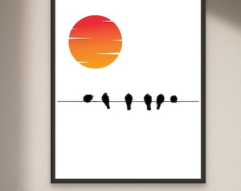 Boho Art Print, Bird on a Wire Poster, Sun and Birds Wall Decor, Digital Download