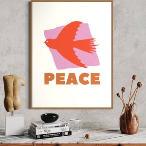 Impresión de Peace Now, póster de la paloma de la paz, arte de pared moderno, símbolo de la paz, arte de pared retro, arte vintage, arte de pared de los años sesenta, arte femenino de la generación Z