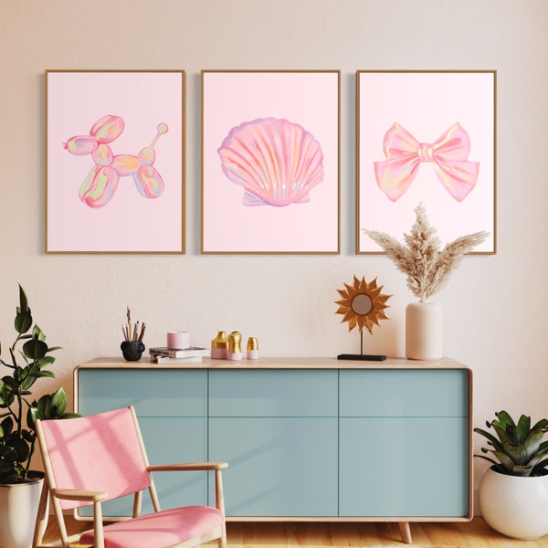 Preppy Set of Three Prints, Pink Shell Poster, Nostalgic Balloon Animal Art, Digital Download, Girly Gallery Wall