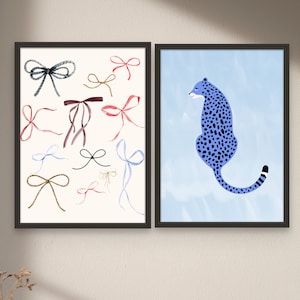 Coquette Wall Art, Colorful Bows Print, Blue Cheetah Poster, Preppy Print Set Room Decor, Digital Download