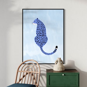 Impressão de arte de chita, pôster de leopardo azul, decoração animal, estética preppy, download digital