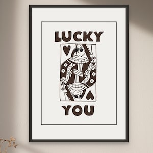 Lucky You Card Wall Art, Queen of Hearts Print, Trendy Retro Digital Download, Lucky Girl Poster