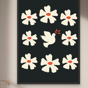 May include: A black and white print with a white dove carrying an olive branch in its beak, surrounded by white flowers with red centers on a black background.