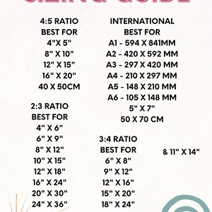 May include: A sizing guide for prints, with different aspect ratios and corresponding sizes in inches and centimeters. The guide includes 4:5, 2:3, and 3:4 ratios.