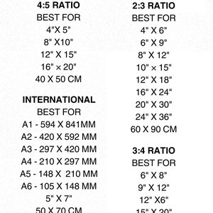 Puede incluir: Gu&iacute;a de tama&ntilde;os para impresiones de arte con diferentes proporciones. La gu&iacute;a muestra los mejores tama&ntilde;os de impresi&oacute;n para cada proporci&oacute;n, incluyendo pulgadas y cent&iacute;metros. Las proporciones son 4:5, 2:3 y 3:4.
