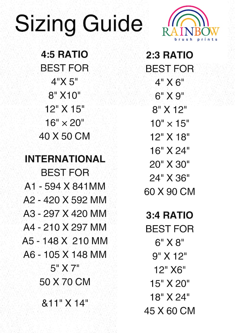 Puede incluir: Gu&iacute;a de tama&ntilde;os para impresiones de arte con diferentes proporciones. La gu&iacute;a muestra los mejores tama&ntilde;os de impresi&oacute;n para cada proporci&oacute;n, incluyendo pulgadas y cent&iacute;metros. Las proporciones son 4:5, 2:3 y 3:4.