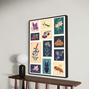 Vintage Blumenstempel, Blumenstempel Kunstdruck, trendiges Insekt Poster, Boho Kunst Digital Download, Grandmillennial Kunst