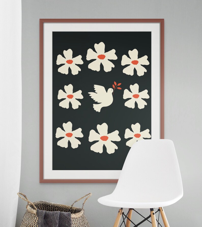 May include: A framed print with a black background and white stylized flowers with red centers. A white dove with a red branch in its beak is in the center of the print.