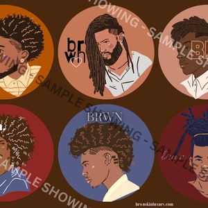May include: A collection of six circular illustrations featuring stylized portraits of men with various hairstyles. Each portrait is set against a different colored background, including brown, red, and blue. The word "BRWN" or "brwn" is incorporated into the design. The website address "brwnskinluxury.com" is visible.