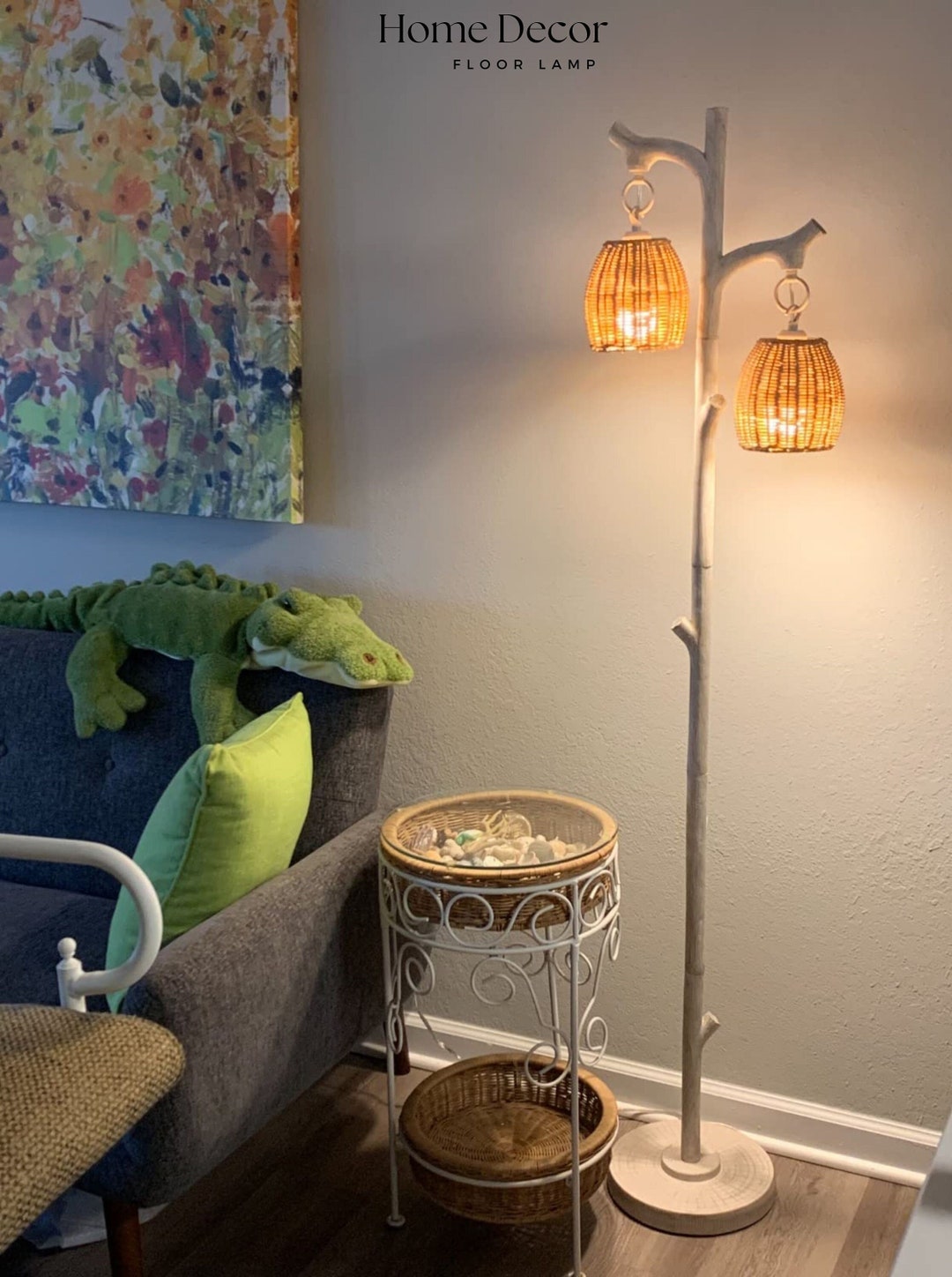 Farmhouse Floor Lamp, Floor Lamp, Cottage Floor Lamp, Wicker Drum, Home ...