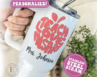 Vaso de 40 oz para profesores, "Enseña, ama e inspira", regalo de agradecimiento para profesores, taza de viaje con texto en inglés "Thank You Teacher", linda taza para profesores.