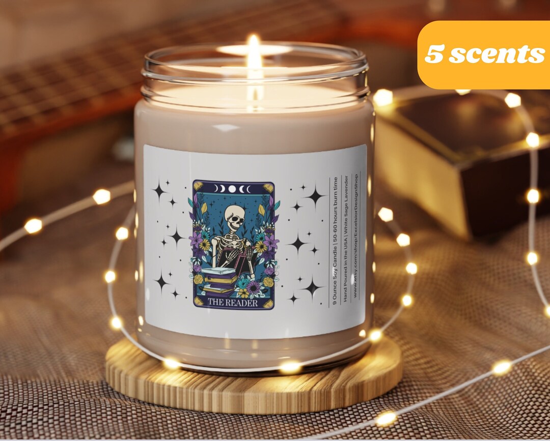 The Reader Candle Tarot Card Book Lover Gift Reading Lover Skeleton