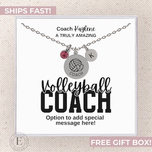 May include: A silver necklace with a volleyball charm, a pink crystal charm, and a letter 'K' charm. The necklace is in a white box with the text 'Volleyball Coach' and 'Coach Kaylene A Truly Amazing'.