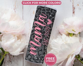 Vaso personalizado para mamá, vaso delgado personalizado para mamá, vaso para mamá, vaso de leopardo negro para el Día de la Madre, linda taza para mamá.