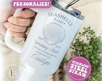 Vaso personalizado para despedida de soltera costera, conchas marinas y campanas de boda personalizadas, recuerdo de despedida de soltera, regalo para despedida de soltera costera.