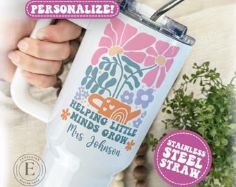 Vaso de 40 oz para maestros que ayuda a las pequeñas mentes a crecer. Vaso para agradecimiento a los maestros. Taza de viaje con texto en inglés "Thank You Teacher".