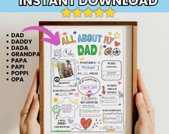 Sondaggio stampabile "Tutto su mio padre", regalo di compleanno per papà da parte dei bambini, questionario per mio padre, moduli per la festa del papà, attività per papà, compleanno del papà