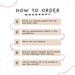 Może przedstawiać: Pięcioetapowy przewodnik po zamawianiu w sklepie Etsy. Kroki to: Wybierz żądany produkt z rozwijanego menu, Dodaj wszelkie szczeg&oacute;ły personalizacji w podanym polu, Dodaj do koszyka i przejdź do kasy, Wyślij wszelkie specjalne prośby i wszystkie zdjęcia za pośrednictwem wiadomości Etsy po złożeniu zam&oacute;wienia, i Sprawdź informacje o śledzeniu, kt&oacute;re zostaną wysłane na Tw&oacute;j adres e-mail na koncie Etsy!