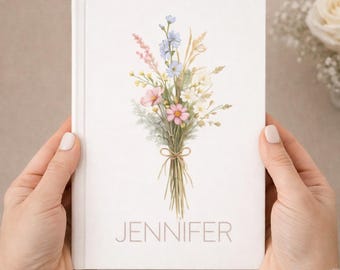 Quaderno con copertina rigida personalizzato con nome, regalo personalizzato per lei, quaderno per damigelle d'onore, regalo per insegnanti, diario personale con fiori selvatici e nome
